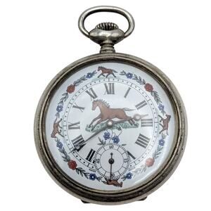 Vintage Arnex 17 Jewels Swiss Made Pocket Watch Horse Equestrian Dial and Case